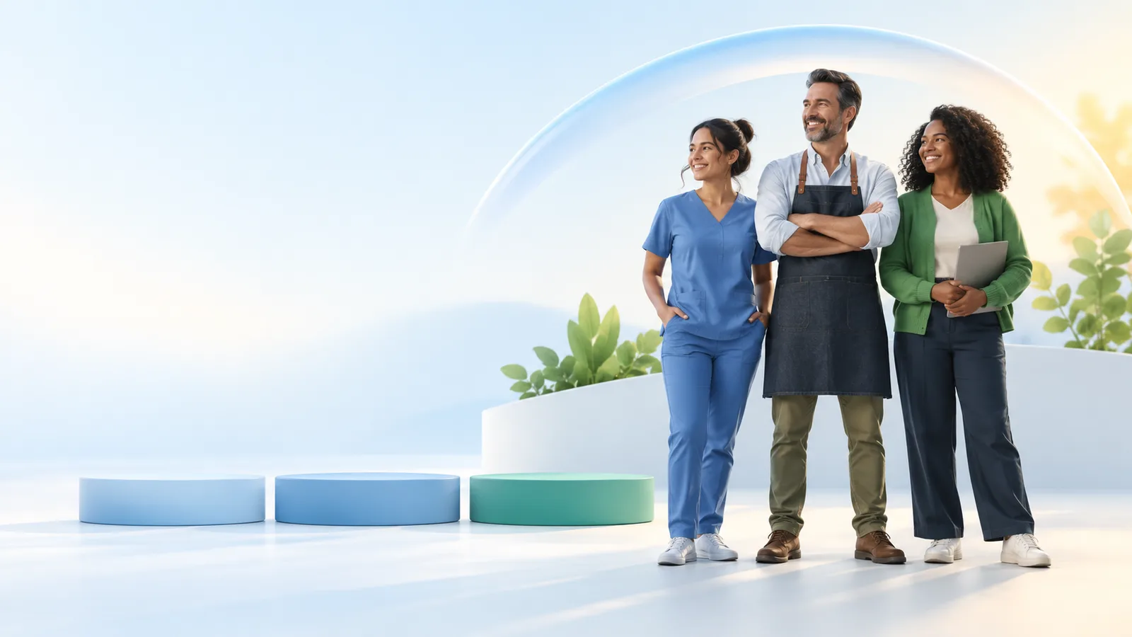 Illustration of employees from different workplaces representing an accessible healthcare benefit