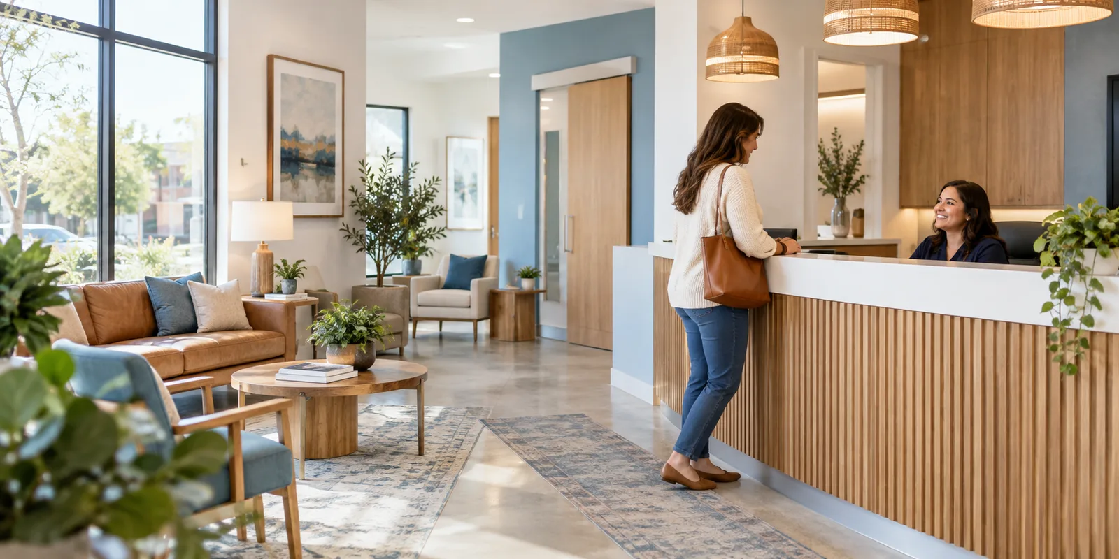 Illustration of a patient checking in at a welcoming neighborhood clinic